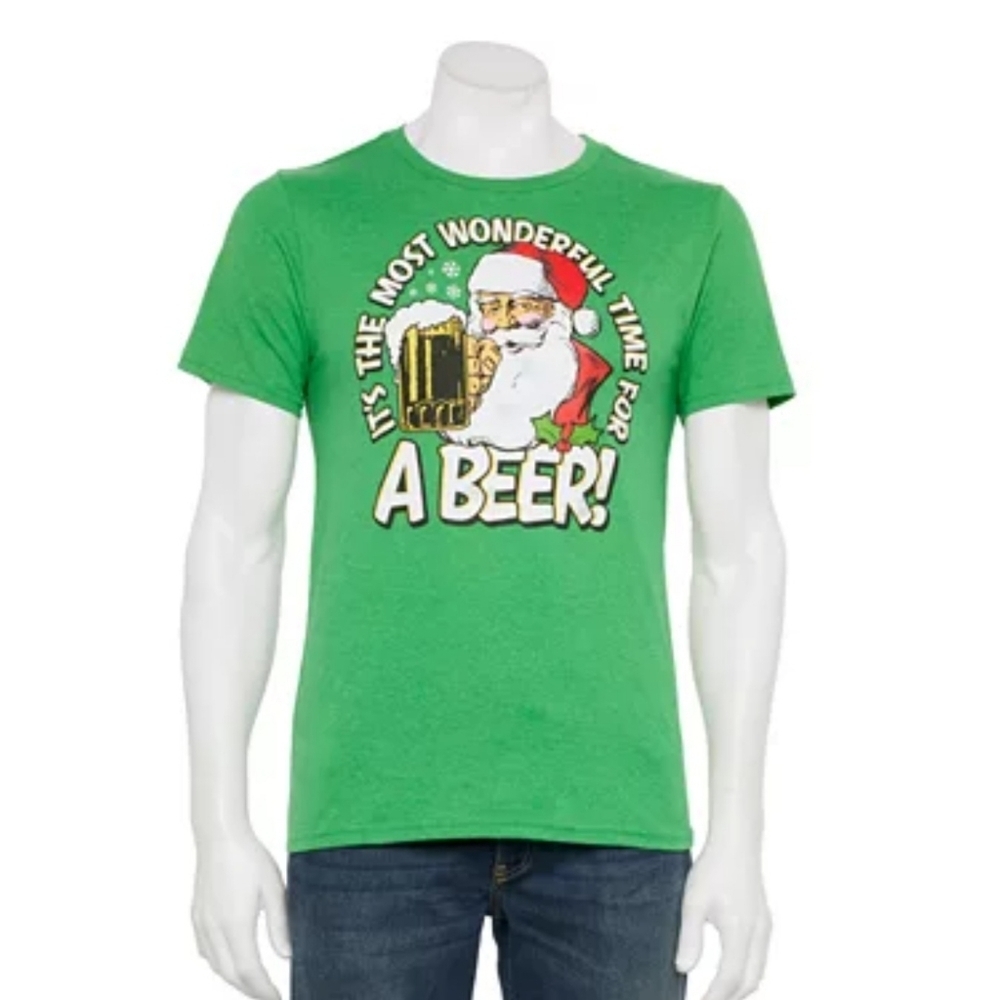 Kohl’s MAD Engine ✦ Holiday Tee ✦ Green Santa Likes Beer Too Christmas Shirt L